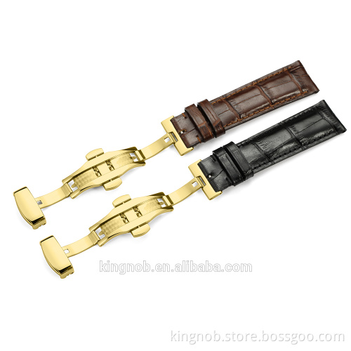 18 to 22mm Stainless Steel Gold Deployment Clasp Calf Leather Watch Band Strap